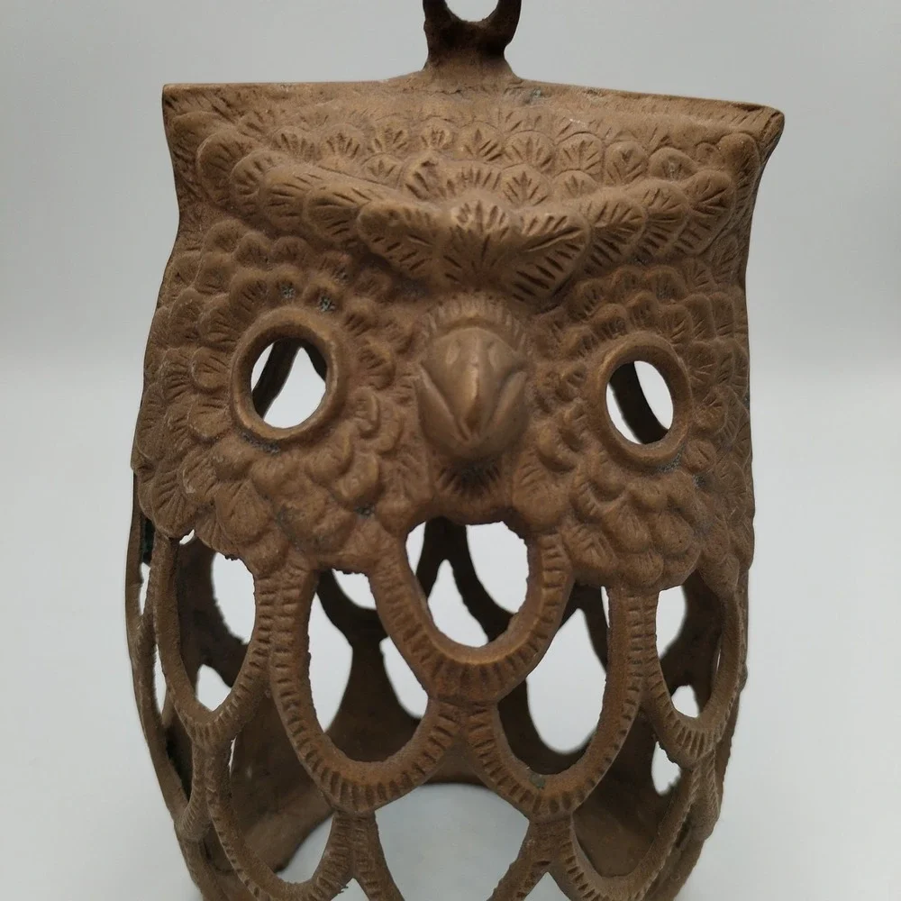Vintage Solid Brass Owl Lantern Candle Holder Pierced Cutout Korea 70s